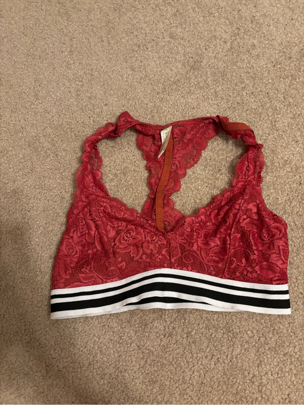 Nicole Miller Red Lace Bralette with Black & White Striped Band